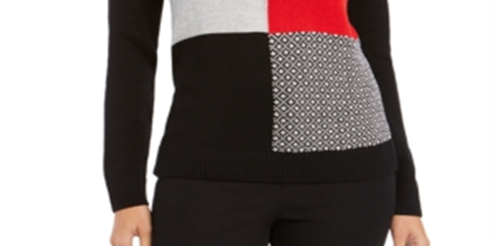 Charter Club Women's Patchwork Sweater Black Size Petite Large