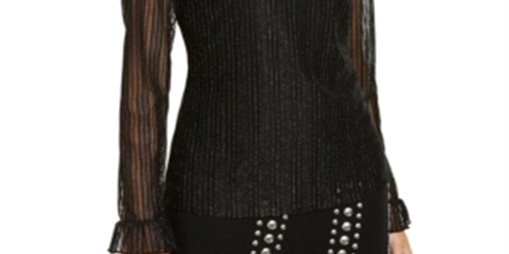 INC International Concepts Women's Metallic Illusion Ruffled Neck Top Black Size Petite L