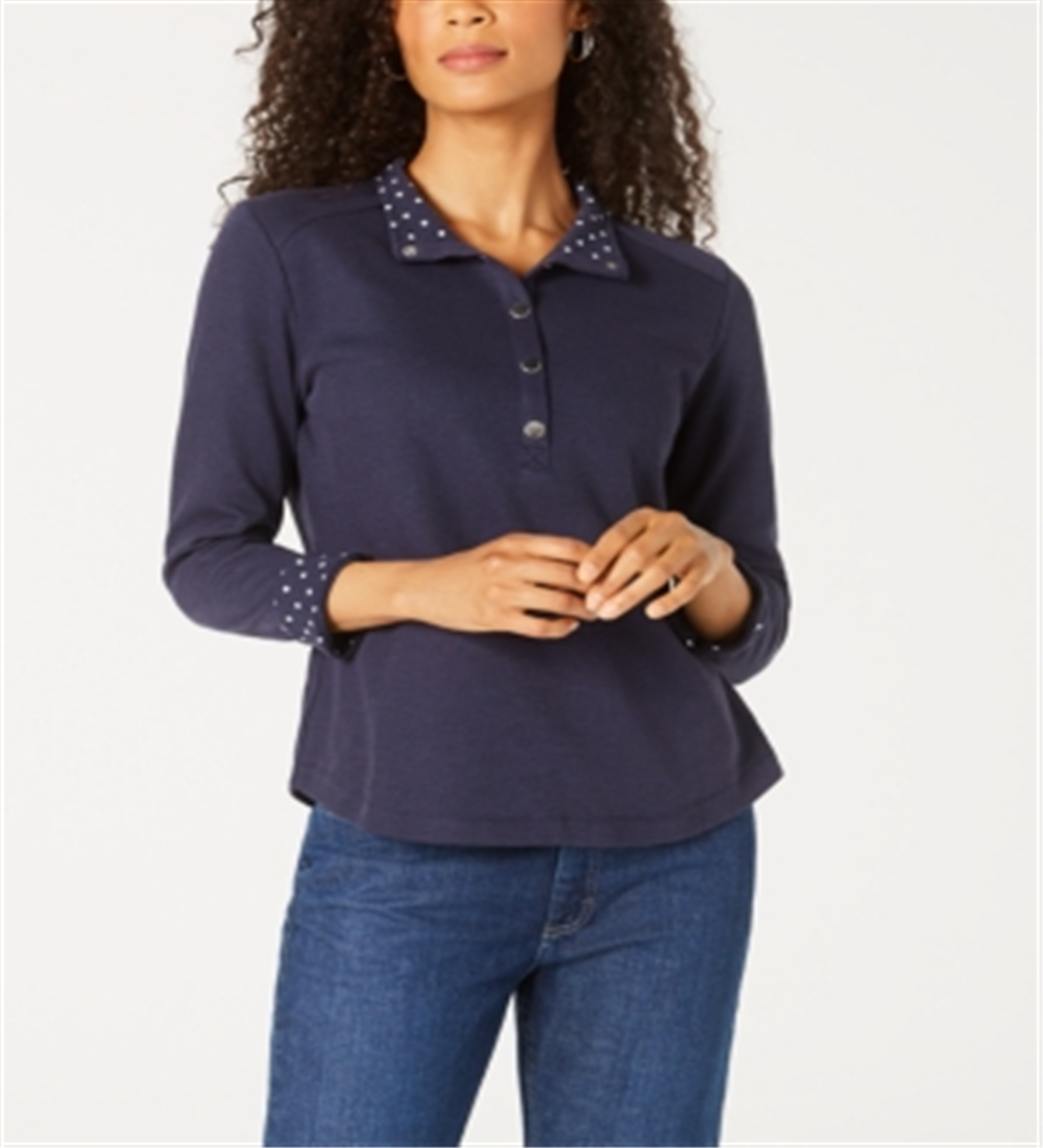 Karen Scott Women's Solid & Printed Collared Top Blue Size Petite S