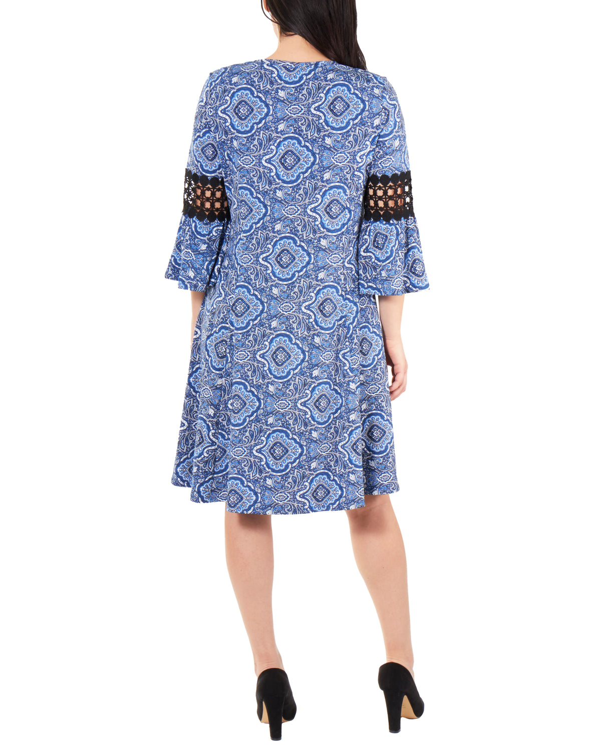 NY Collection Women's Crochet TrimBell Sleeve Dress Blue Size Petite Medium