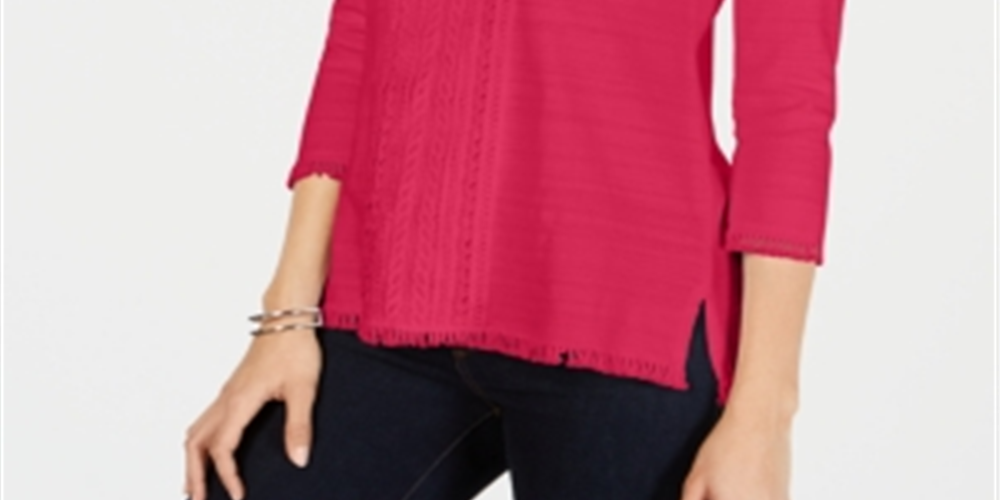 Charter Club Women's Cotton Lace Trim Top Pure Pink Size Petite Small