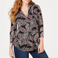 Charter Club Women's Pleated V Neck Paisley Knit Shirt Black Multi Size S