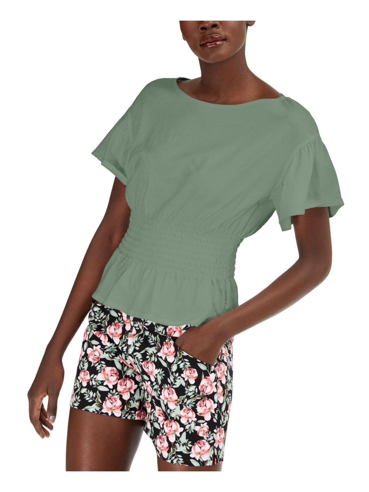 INC International Concepts Women's Short Sleeve Jewel Neck Top Green Size Large