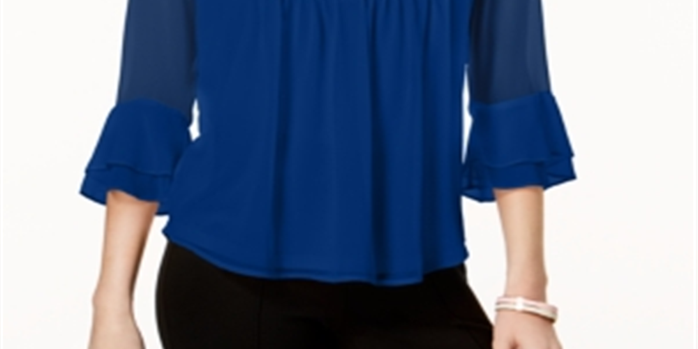 Charter Club Women's Double Ruffle Solid Pintuck Top Blue Size X-Small