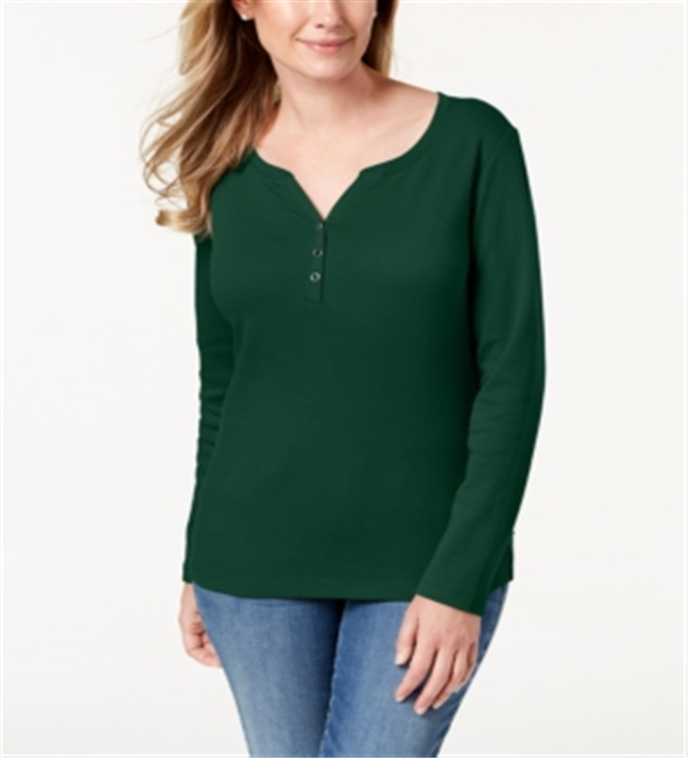 Karen Scott Women's Cotton Henley Top  Green Size XS