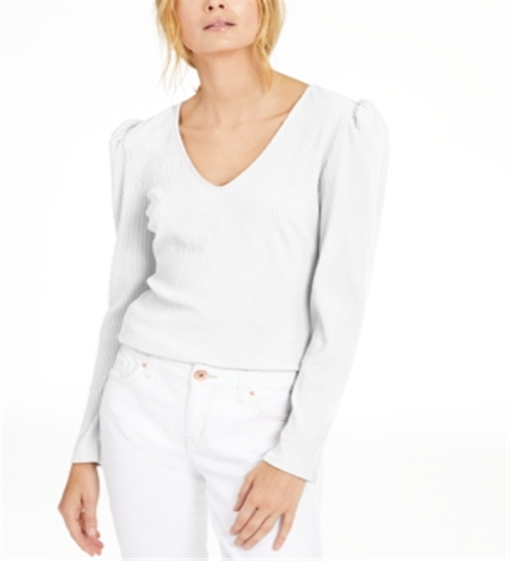 INC International Concepts Women's Puff Shoulder Ribbed Top White Size Petite L