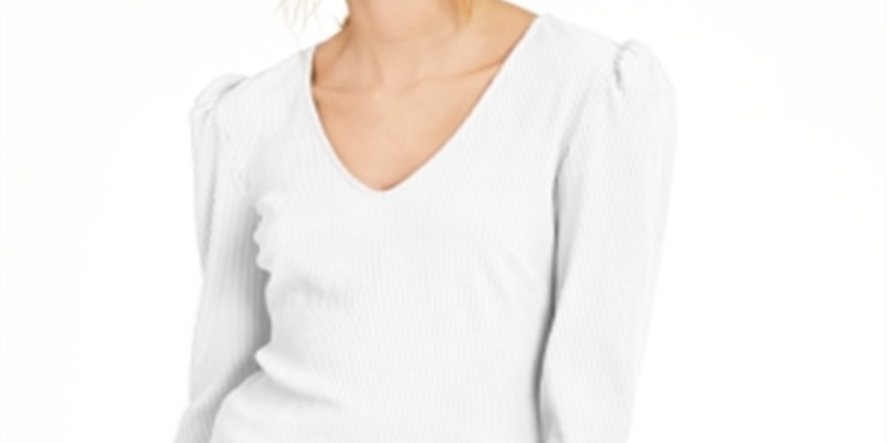 INC International Concepts Women's Puff Shoulder Ribbed Top White Size Petite L