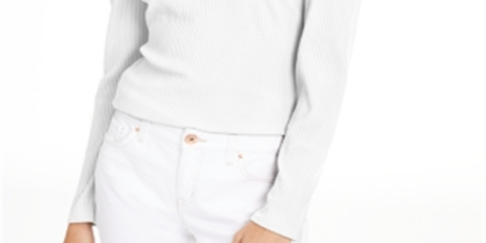 INC International Concepts Women's Puff Shoulder Ribbed Top White Size Petite L
