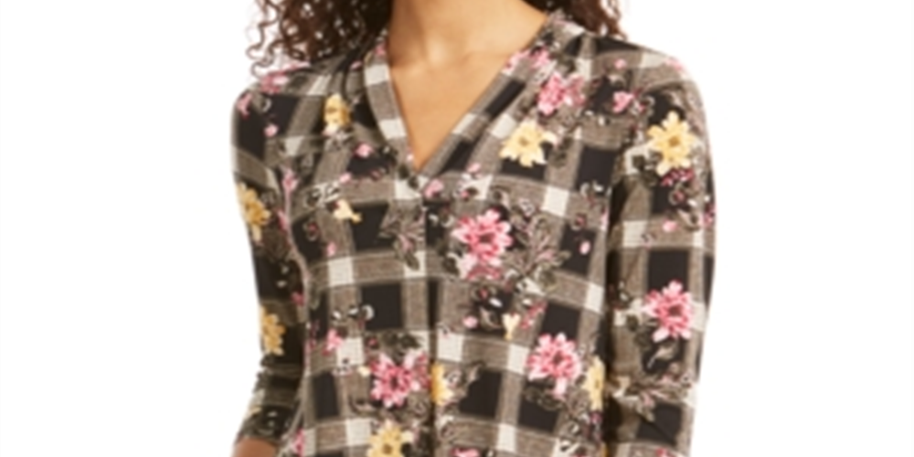 Charter Club Women's Mixed Print V Neck Top Black Size PP