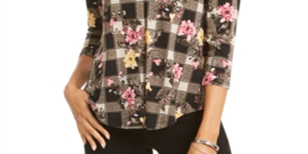 Charter Club Women's Mixed Print V Neck Top Black Size PP