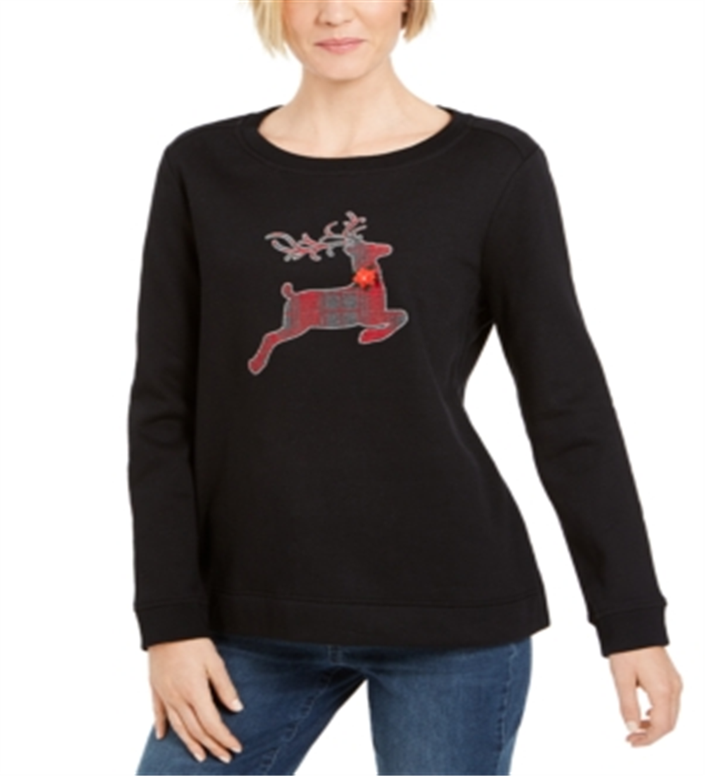 Karen Scott Women's Sport Plaid Reindeer Top Black Size 2XL