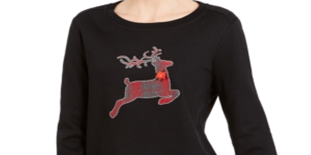 Karen Scott Women's Sport Plaid Reindeer Top Black Size 2XL