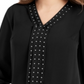 JM Collection Women's Solid Studded Pleated Blouse Black Size XL