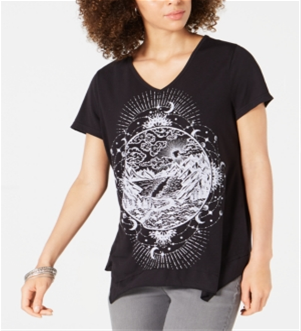 Style & Co Women's Graphic Print  Hem T-Shirt Black Size X-Large