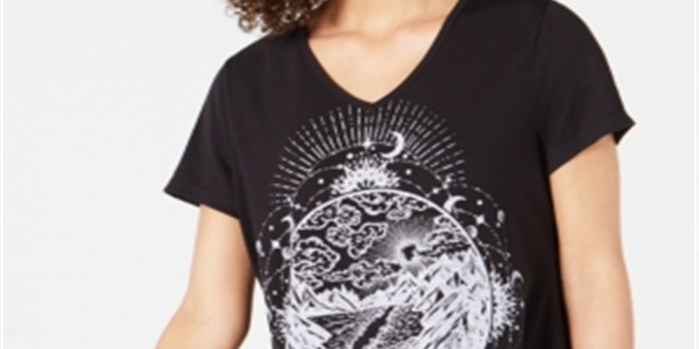 Style & Co Women's Graphic Print  Hem T-Shirt Black Size X-Large