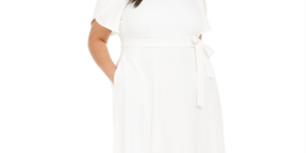 Calvin Klein Women's Tulip Sleeved A Line Dress with Self Belt  White Size22W