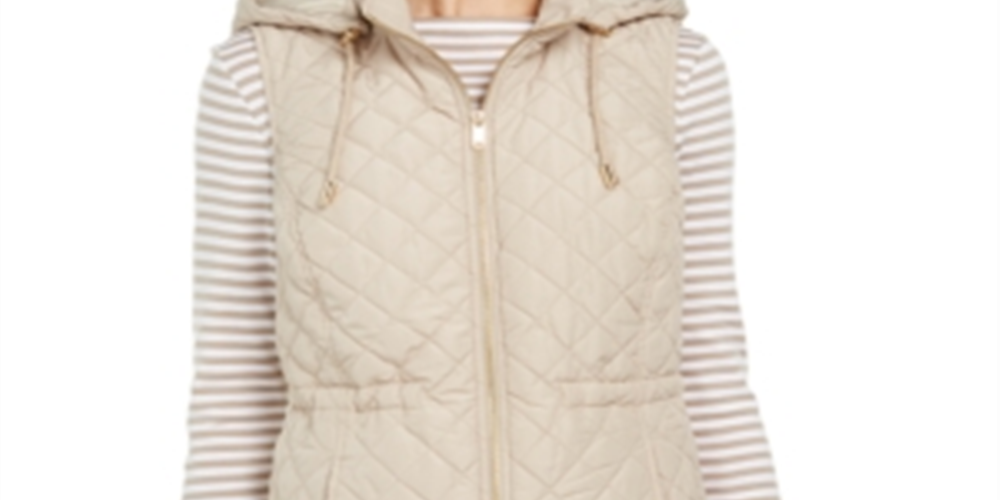 Charter Club Women's Woven Hooded Quilted Vest Tan Size M