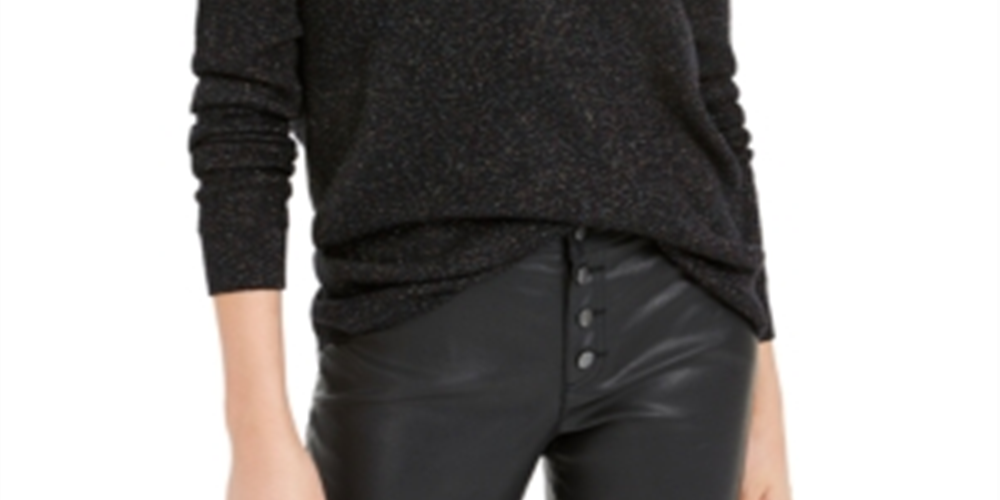 Bar III Women's Gathered Glitter Long Sleeve V Neck Top Black Size X-Small