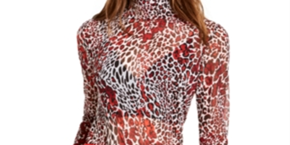 Bar III Women's Mockneck Animal Print Top -Red Size XXS