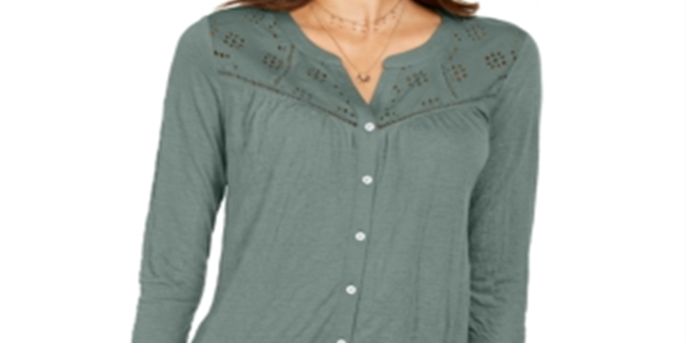 Style & Co Women's Eyelet Button-Front Top Green Size 2XL