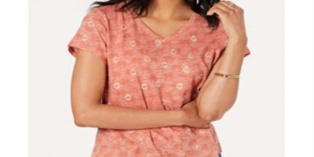 Style & Co Women's Cotton Printed V Neck T-Shirt Orange Size Petite