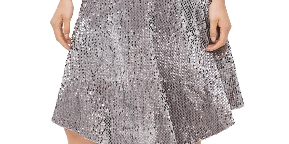 Calvin Klein Women's  Sequined Below the Knee Evening Peasant Skirt Silver Size Large