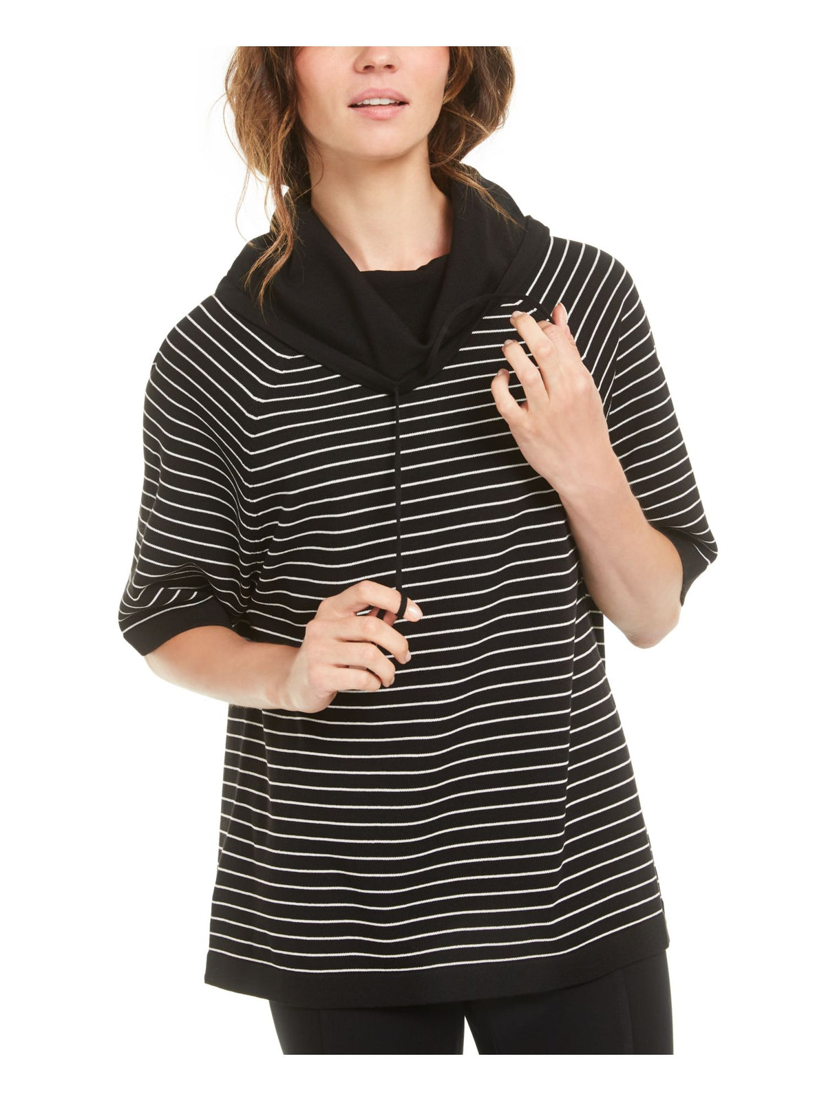 Anne Klein Women's Striped 3/4 Sleeve Cowl Neck Top Black Size XS
