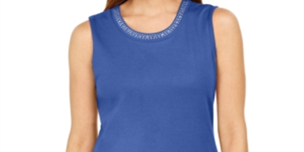 Karen Scott Women's Cotton Embellished-Neck Top  Blue Size Large