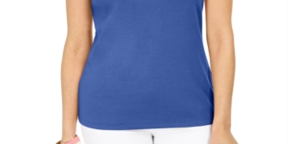 Karen Scott Women's Cotton Embellished-Neck Top  Blue Size Large