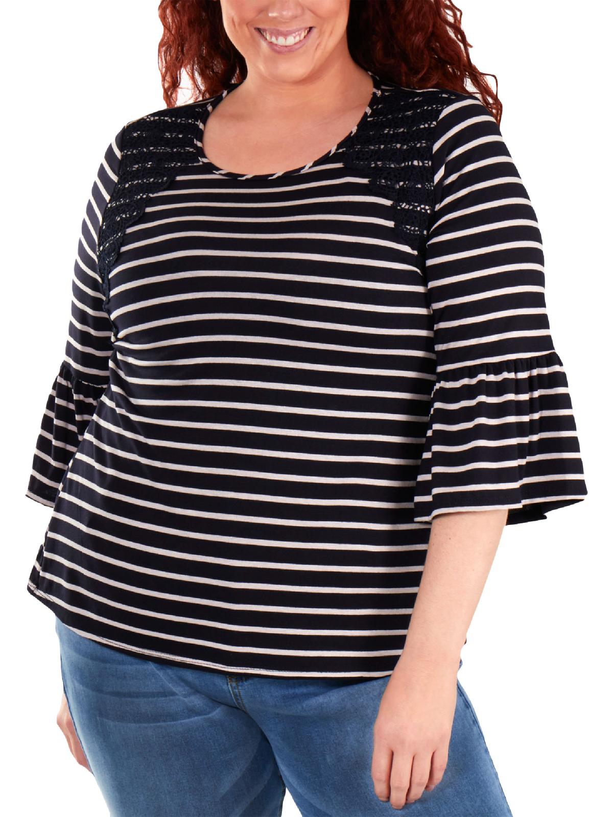 NY Collection Women's Plus Size Crochet-Trimmed Stri Navy Lunastripe Size 1X