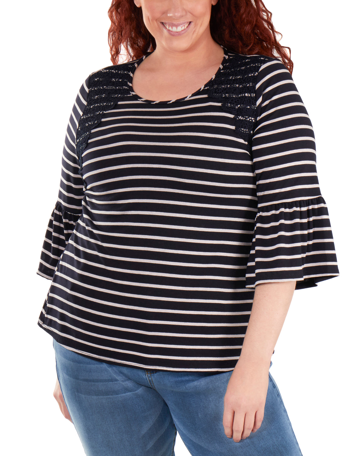 NY Collection Women's Plus Size Crochet-Trimmed Stri Navy Lunastripe Size 1X