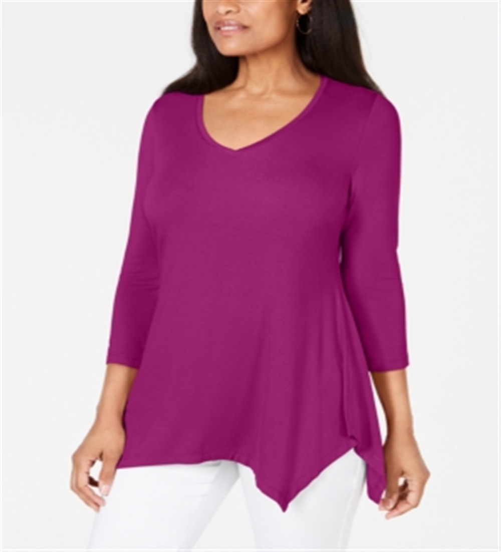 JM Collection Women's V-Neck Handkerchief-Hem Top   Fancy Pink Size Small