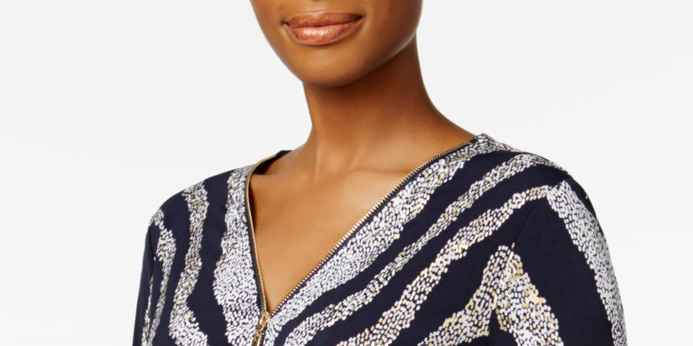 JM Collection Women's Zip Print Top  Blue Size Large