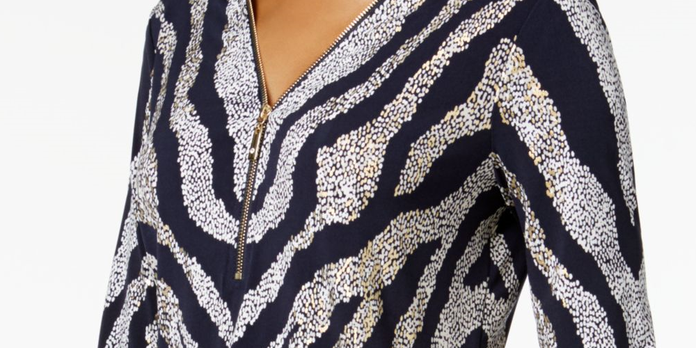 JM Collection Women's Zip Print Top  Blue Size Large