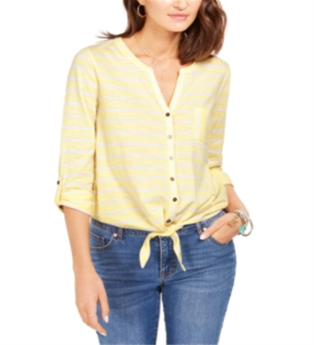 Style & Co Women's Printed Tie Front Top Yellow Size Medium