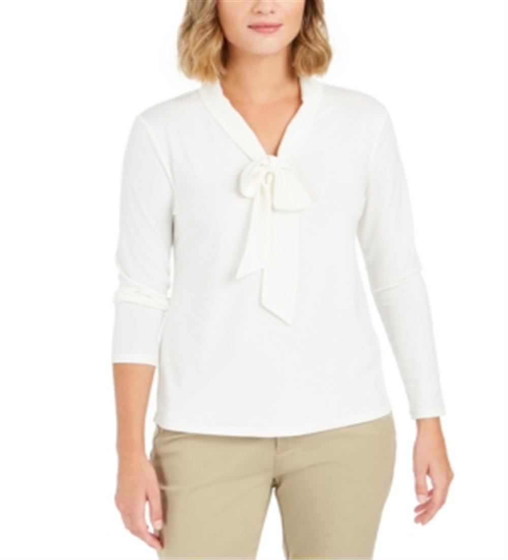 Charter Club Women's Tie Neck Crepe Top White Size Petite