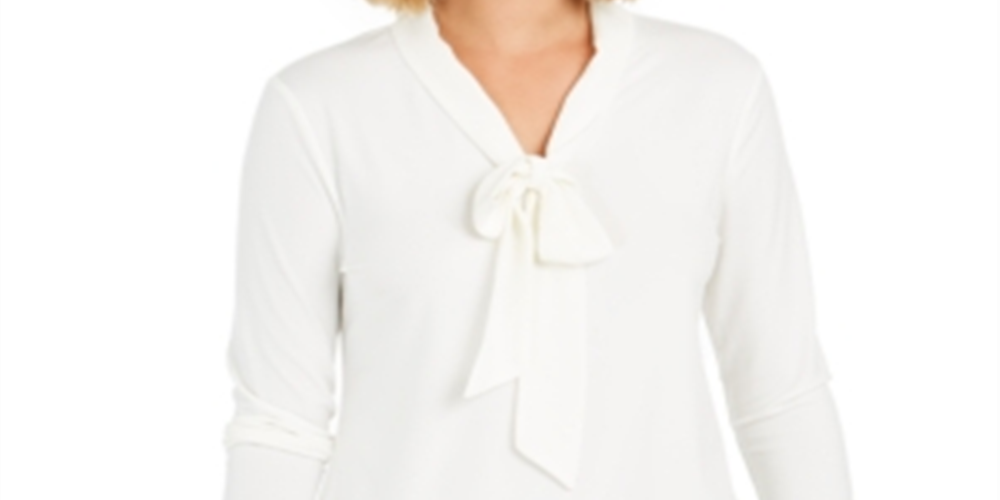 Charter Club Women's Tie Neck Crepe Top White Size Petite