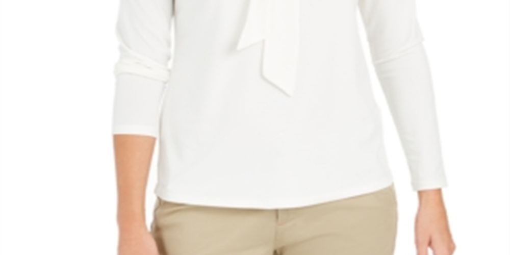 Charter Club Women's Tie Neck Crepe Top White Size Petite