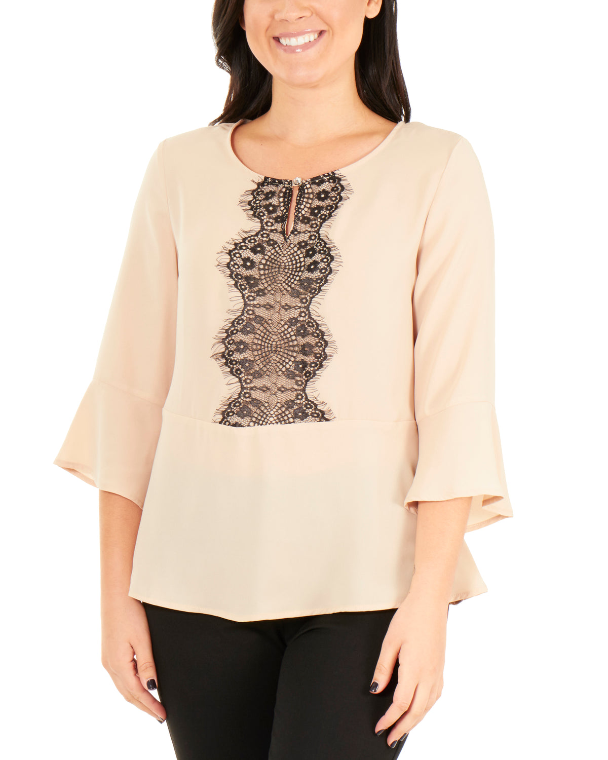 NY Collection Women's 3/4 Sleeve Peplum Top with Trim Beige Size Large
