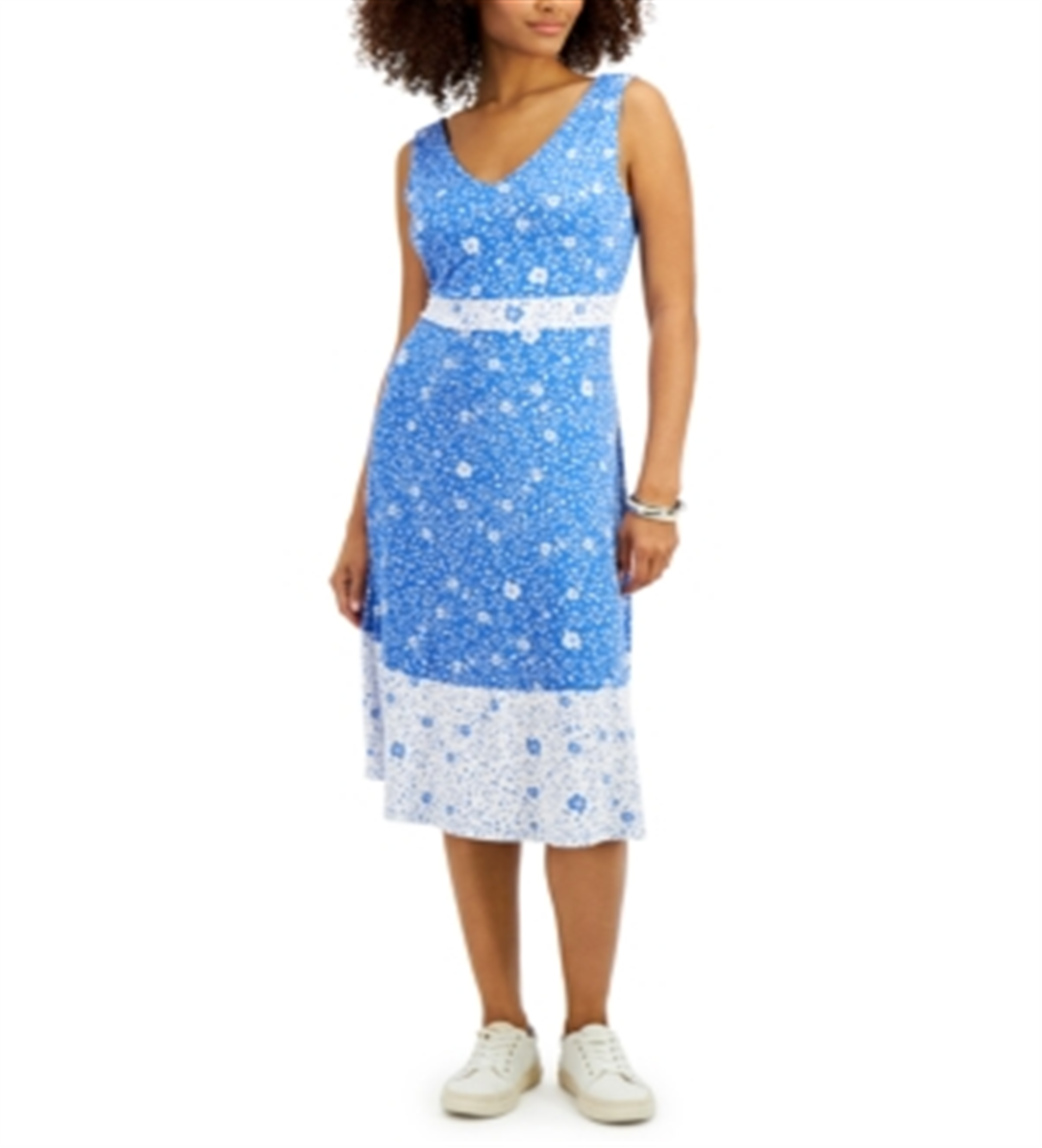 Charter Club Women's Floral Sleeveless Dress  Blue Size Large