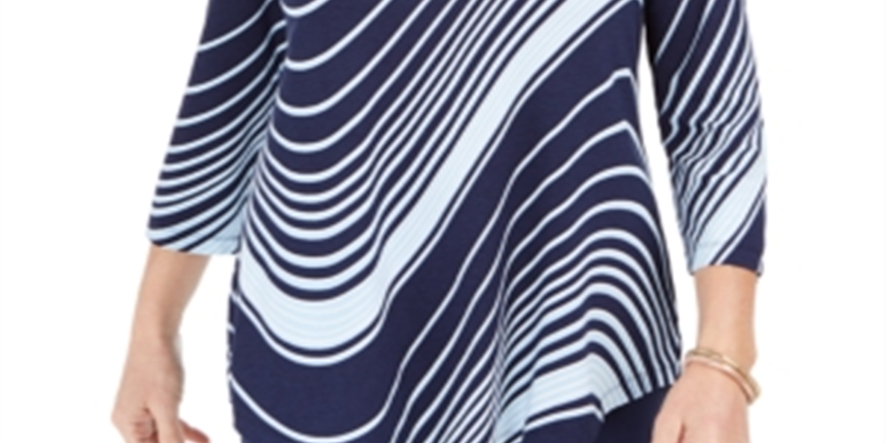JM Collection Women's Swirl Print 3/4 Sleeve T-Shirt Blue Size Medium
