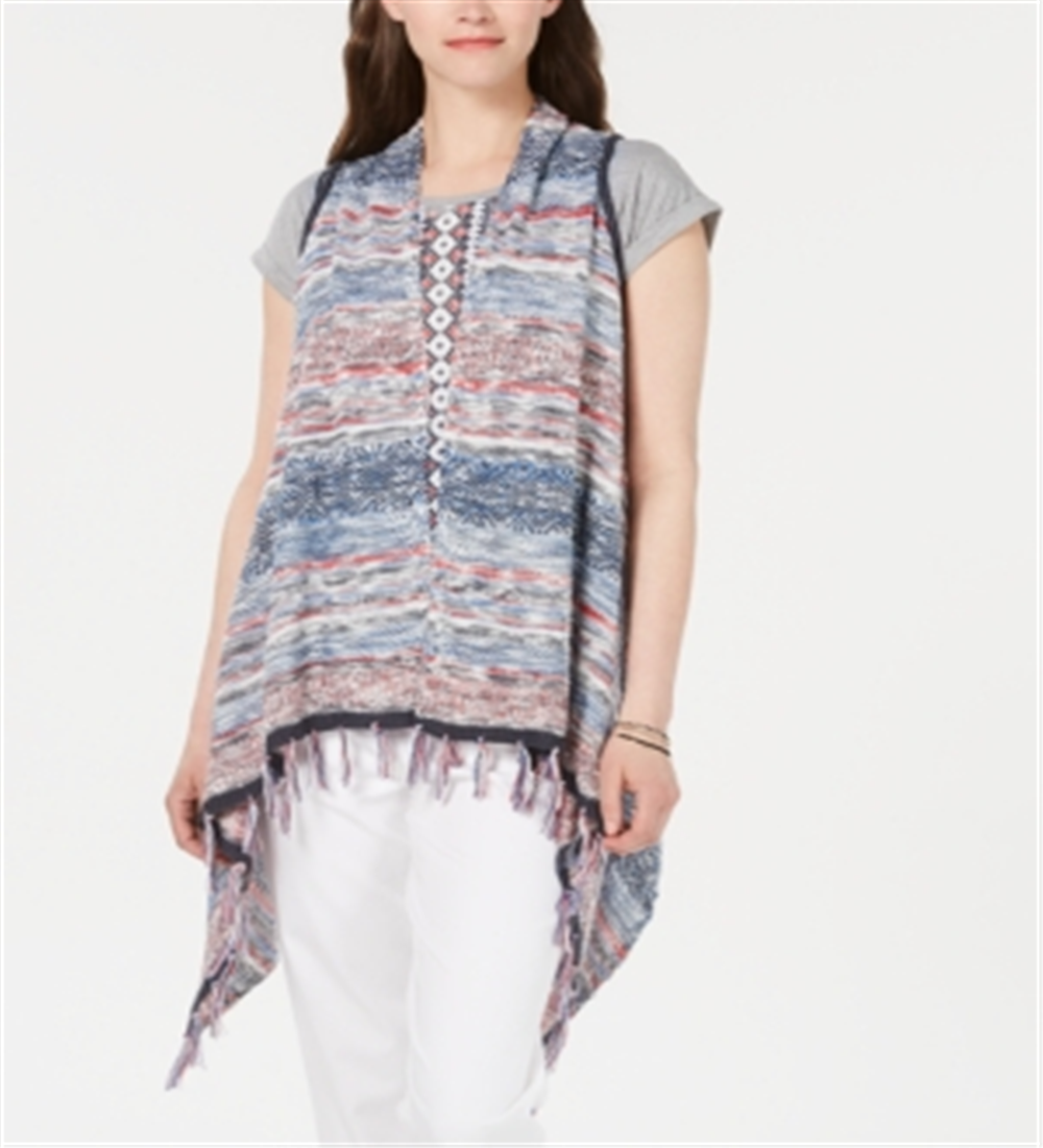 Style & Co Women's Fringe Trim Multicolor Vest Blue Size L
