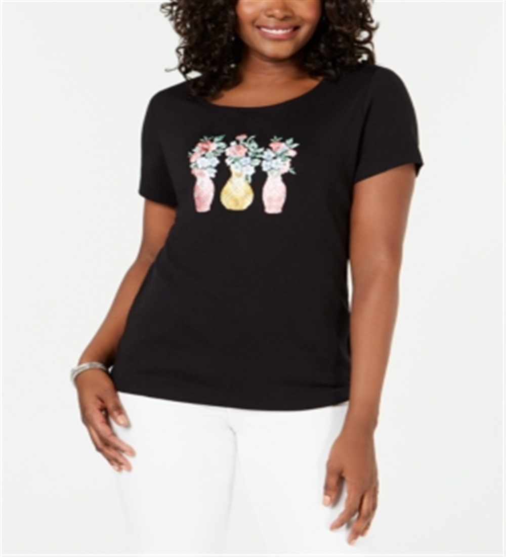 Karen Scott Women's Embroidered T-Shirt  Deep Black Size Large