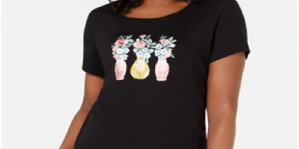 Karen Scott Women's Embroidered T-Shirt  Deep Black Size Large