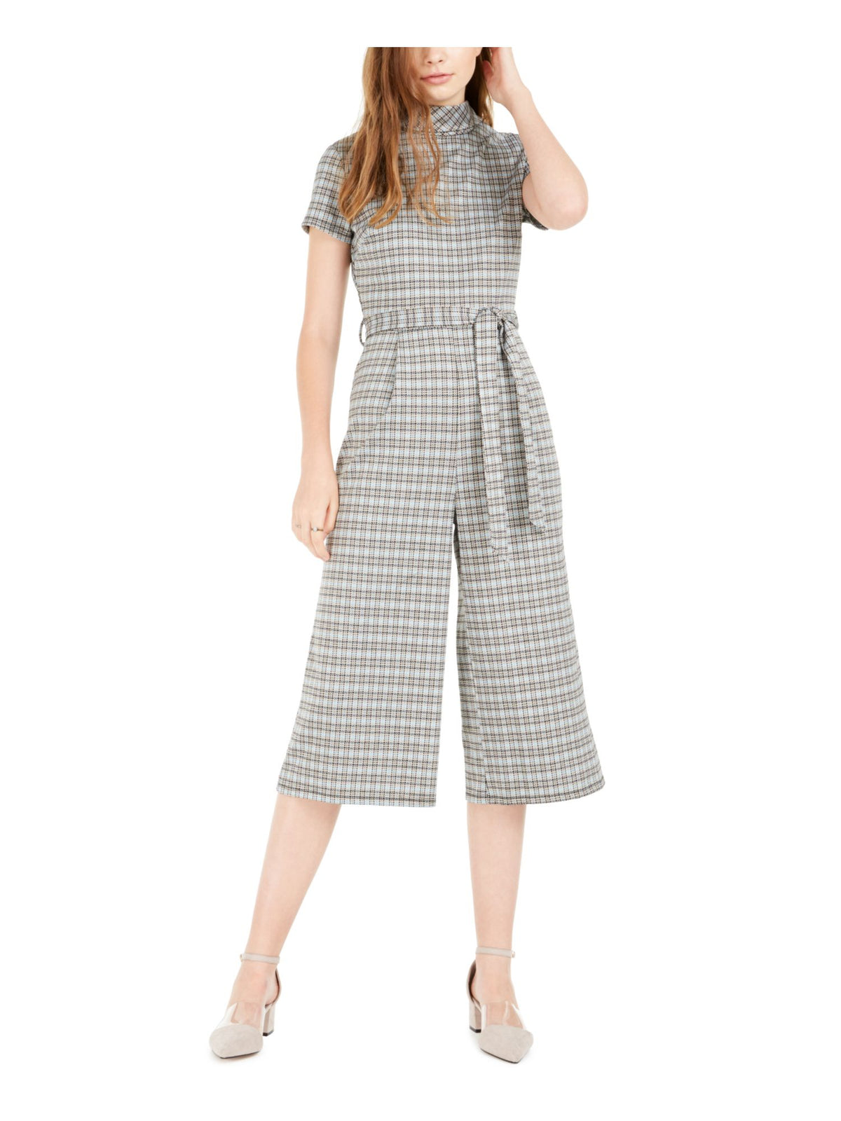 Bebop Women's Belted Plaid Short Sleeve Mock Jumpsuit Juniors Green Size Medium