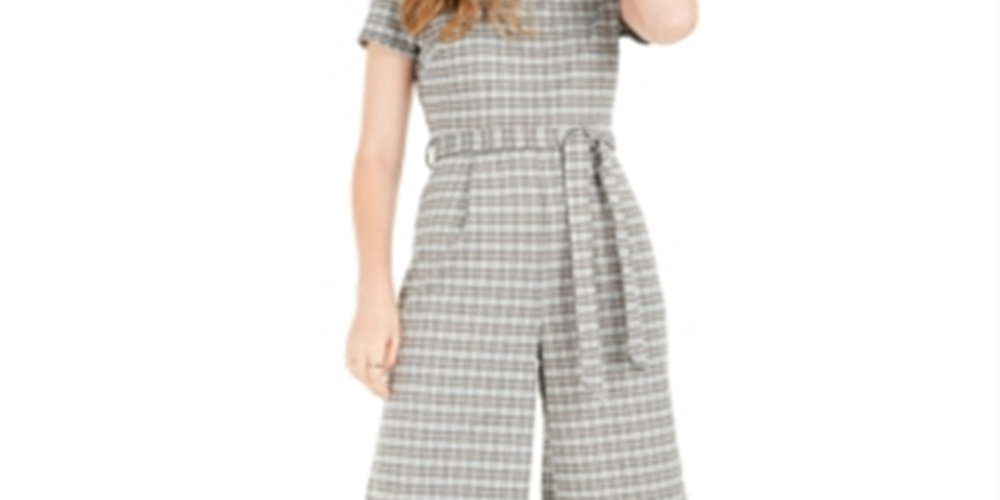 Bebop Women's Belted Plaid Short Sleeve Mock Jumpsuit Juniors Green Size Medium