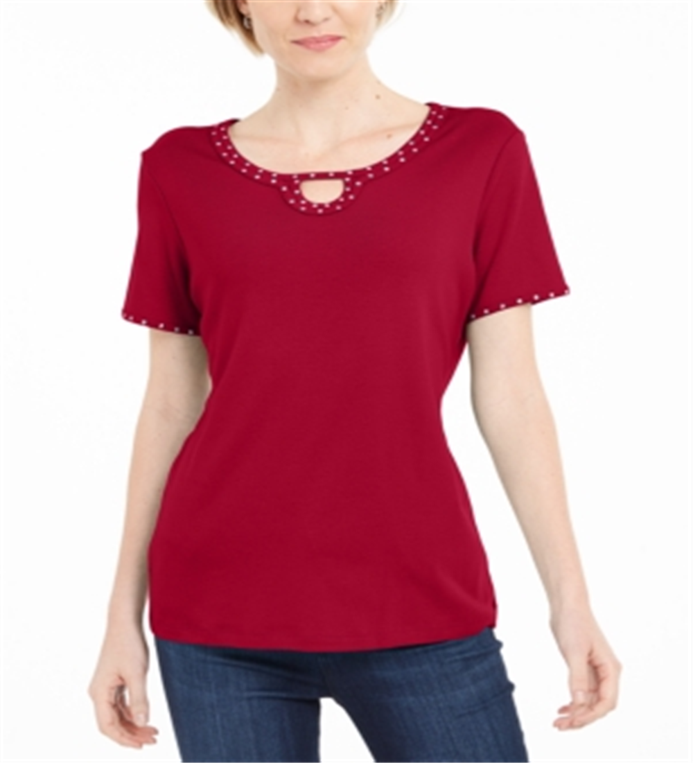 Karen Scott Women's Studded Keyhole Top  Red Size XS