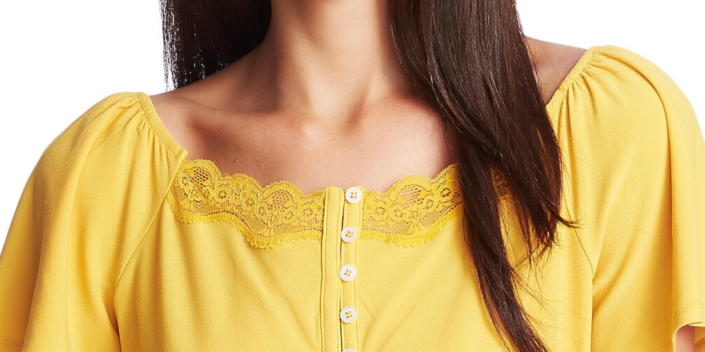 CeCe Women's Lace Short Sleeve Boat Neck Top Yellow Size X-Large