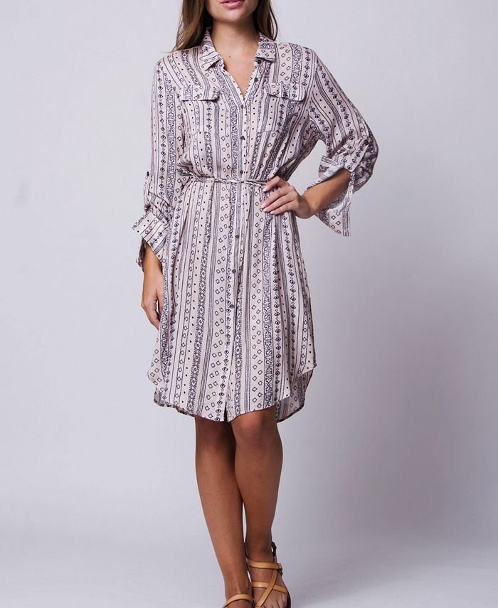 Wanderlux Women's Adjustable Sleeves V Neck Button Down Laxey Shirt Dress PinkSize L