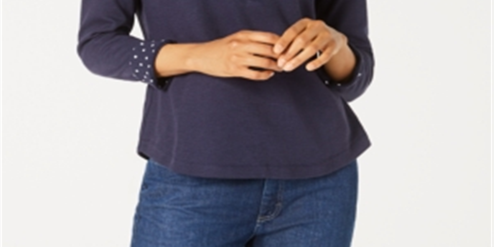 Karen Scott Women's Solid & Printed Collared Top Blue Size Petite Large